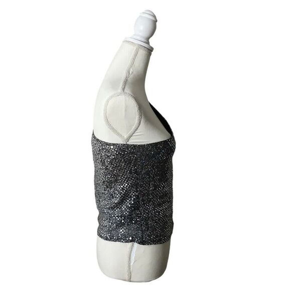 Vintage 90s American Cruiser Silver & Black Sequin Metallic One Shoulder Top M/L - Picture 3 of 6